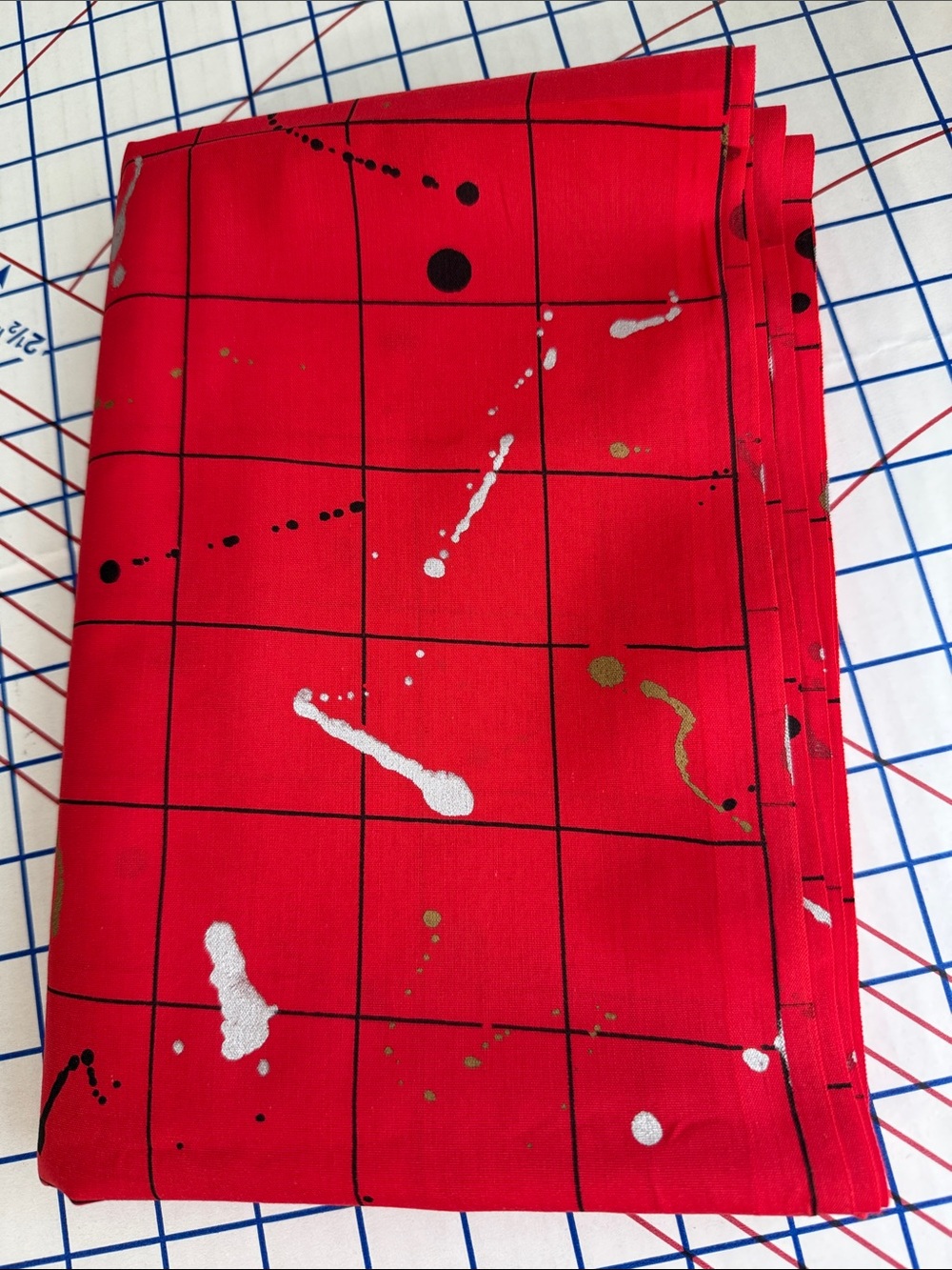 Vintage 1970s or 80s Red Black Grid Metallic Gold Splatter Fabric 2 Yds x 44”